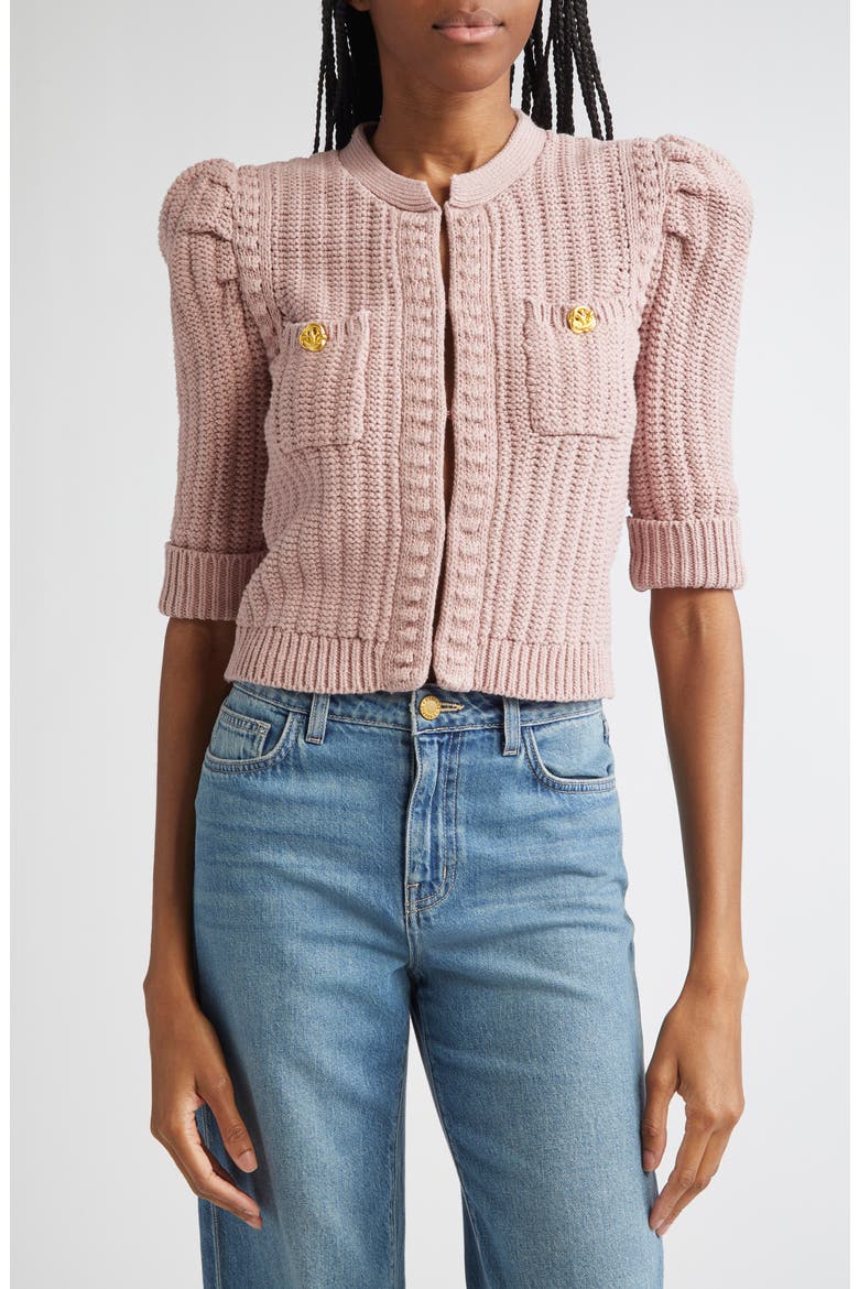 Delilah Puff Sleeve Crop Cardigan, Main, color, LIGHT MAUVE/ GOLD