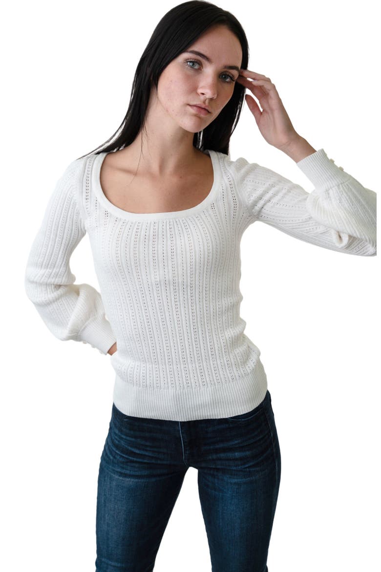 Women's Scoop Neck Pointelle Sweater, Alternate, color, White