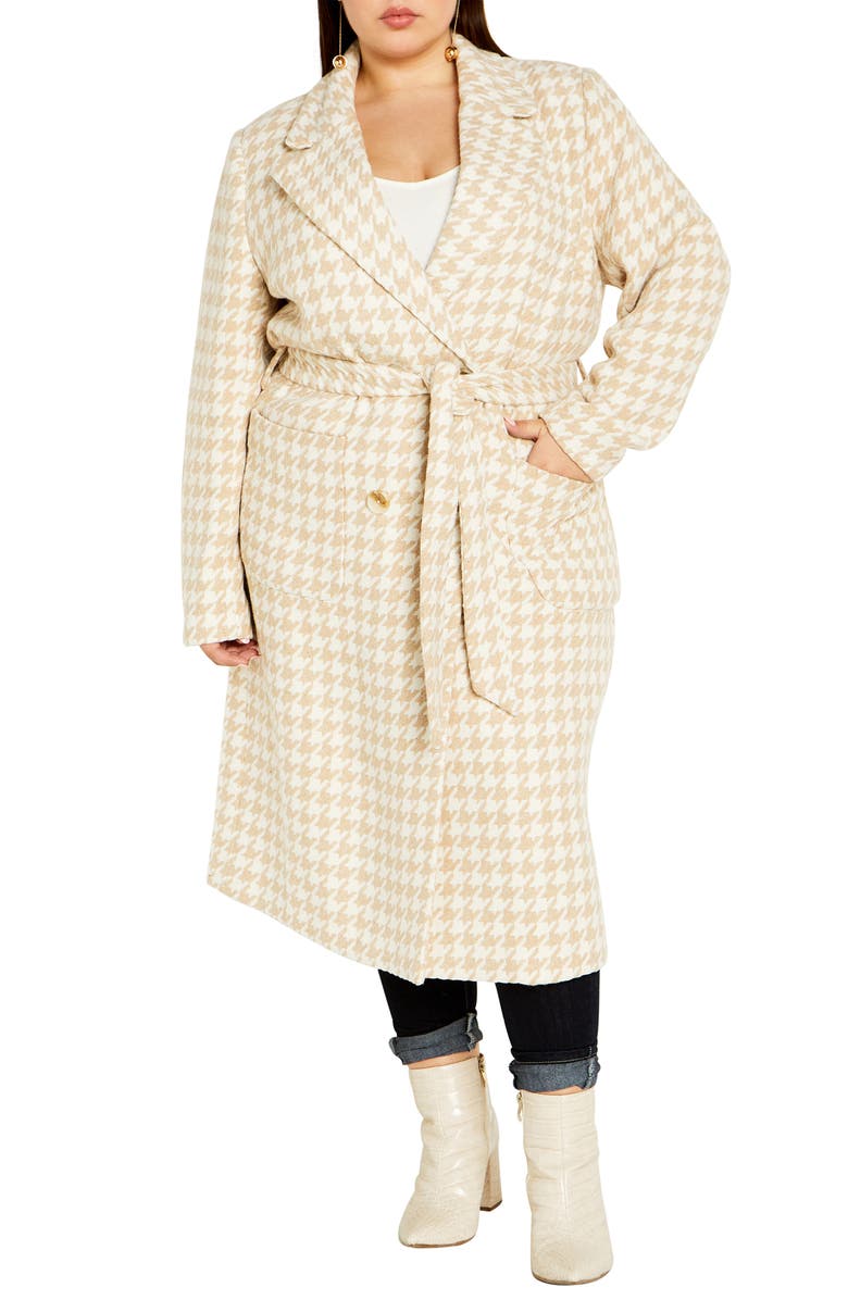 City Chic Julissa Houndstooth Belted Double Breasted Coat, Main, color, 