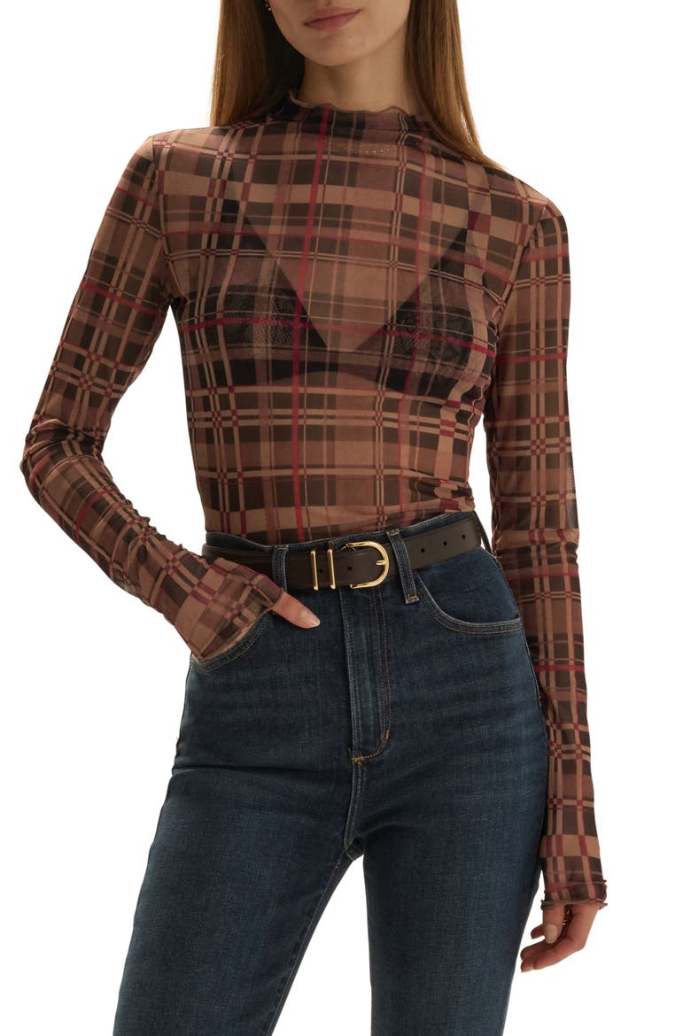 The Sheer Fantasy Mock Neck Top, Main, color, BROWN PLAID