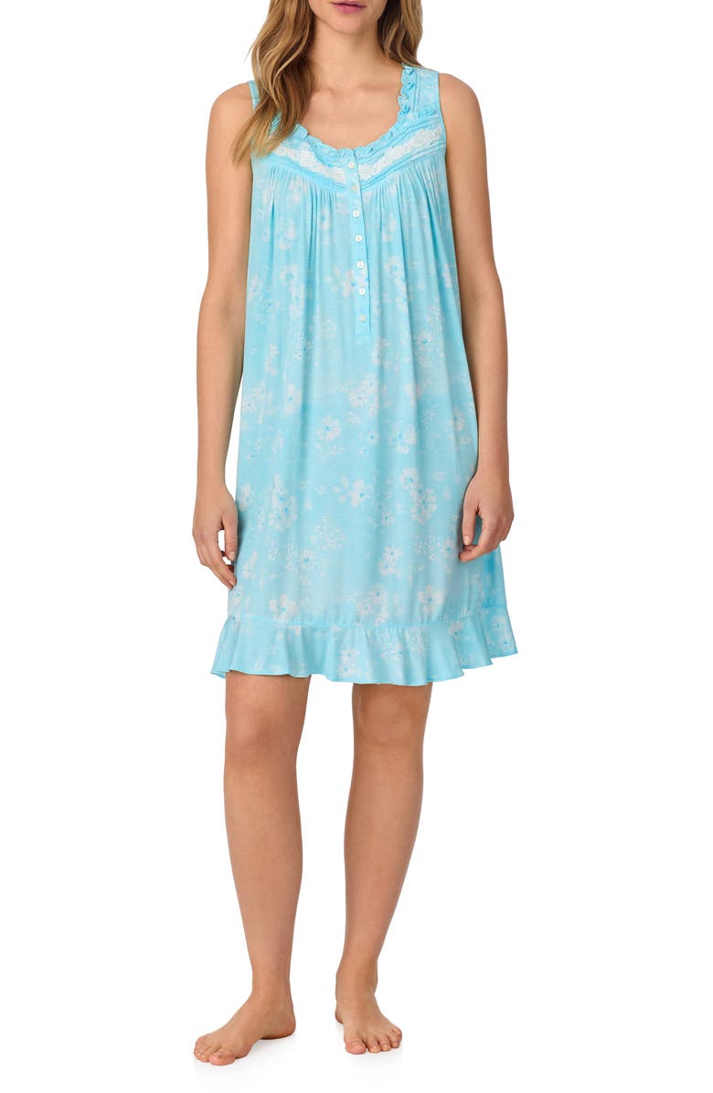 Eileen West Sleeveless Stretch Modal Chemise, Main, color, Aqua Floral