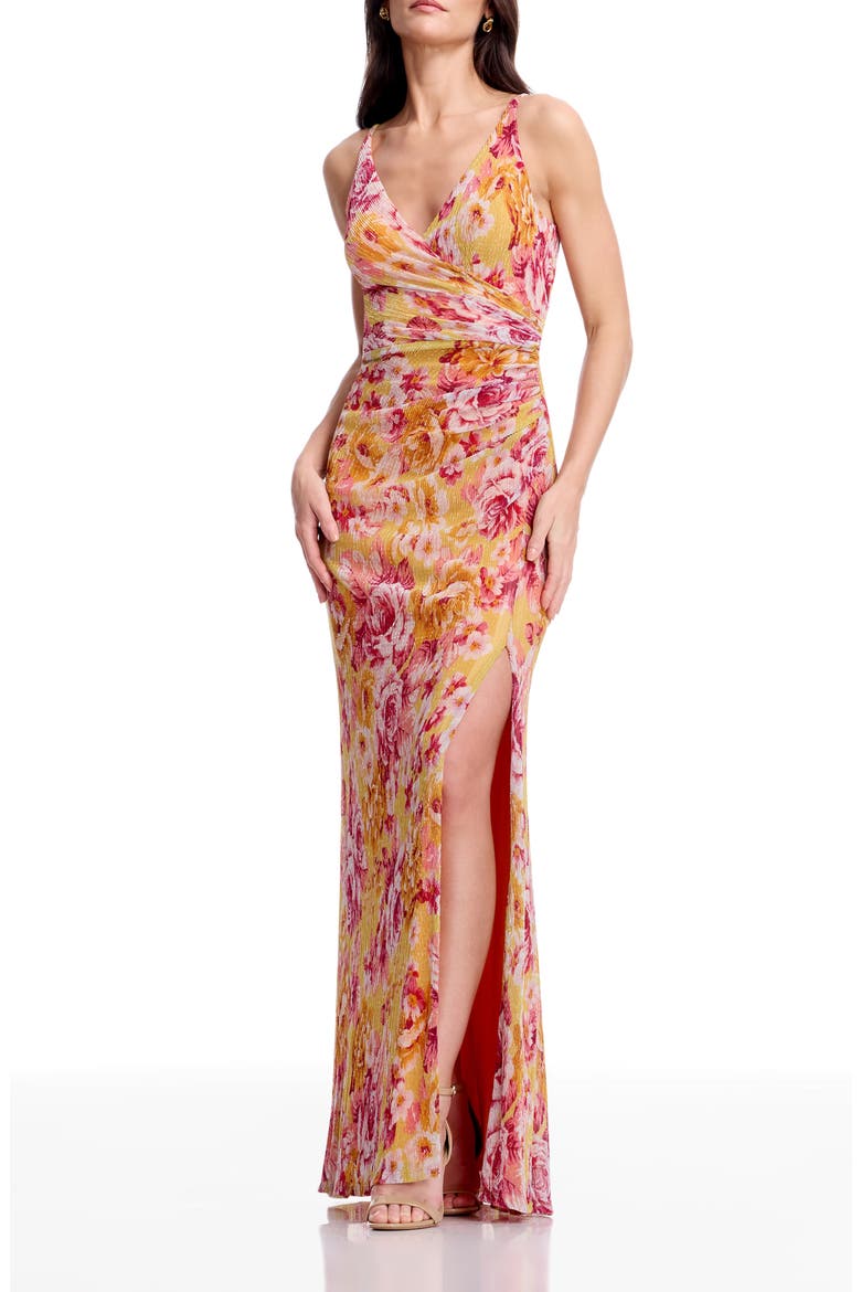 Jordan Metallic Floral Ruched Mermaid Gown, Main, color, GOLDEN HAZE MULTI