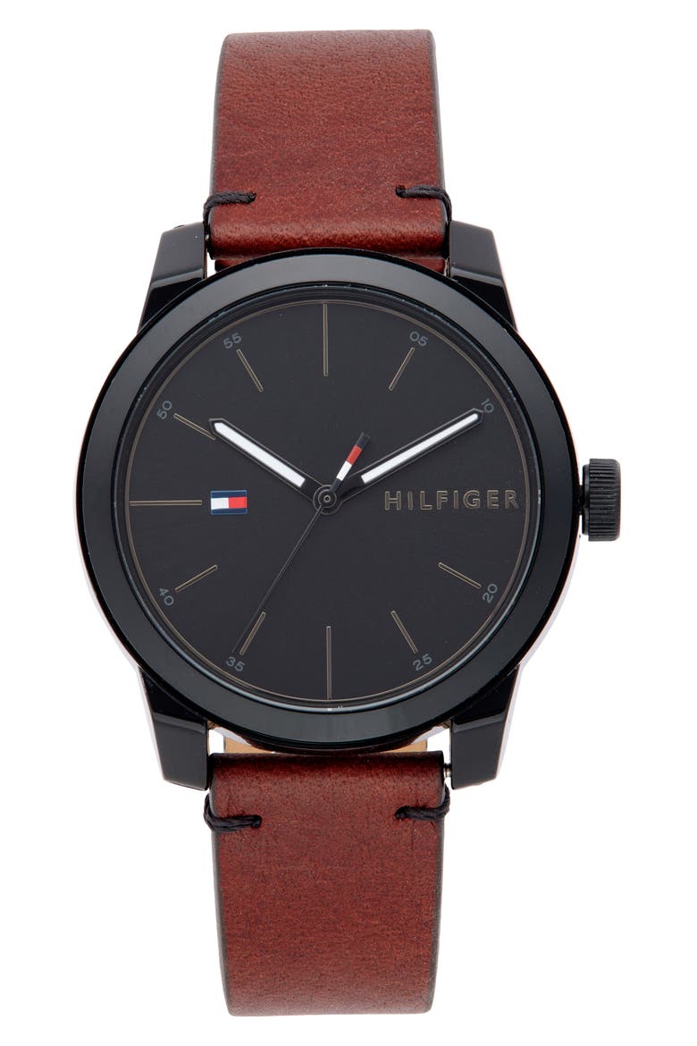 Leather Strap Watch, 42mm, Main, color, BLACK