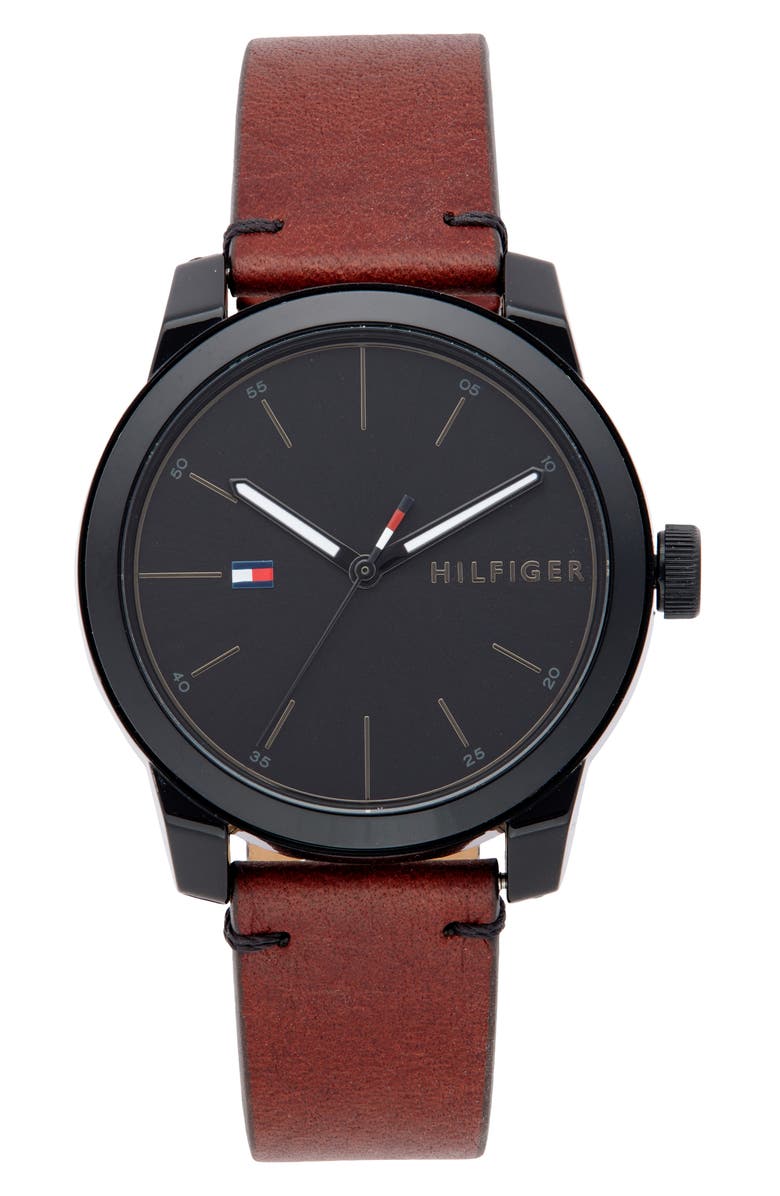 Tommy Hilfiger Leather Strap Watch, 42mm, Main, color, Black