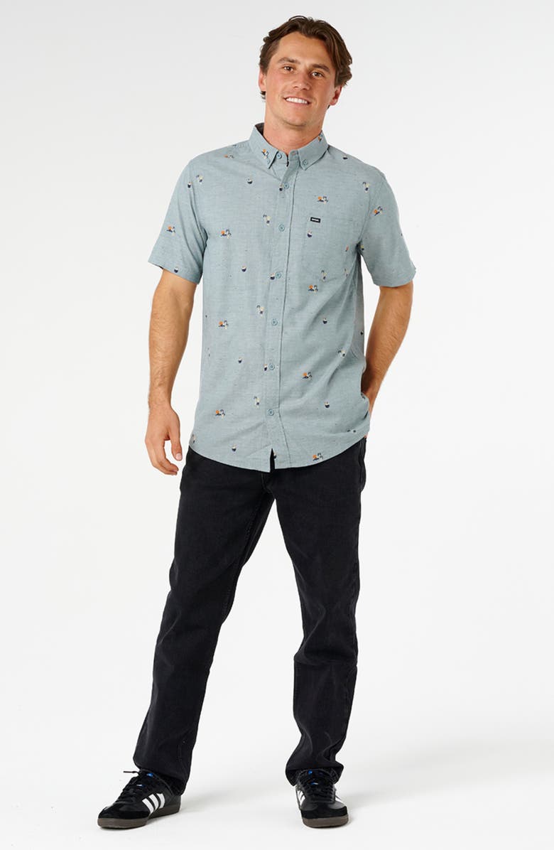 Rip Curl Skelly Breach Tropical Print Short Sleeve Cotton Chambray Button-Down Shirt, Alternate, color, Bluestone