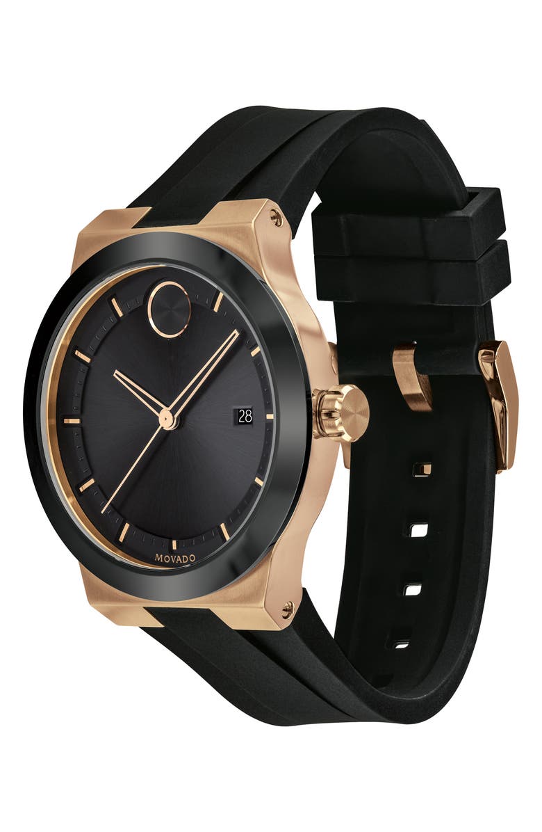 Movado Bold Fusion Silicone Strap Watch, 42mm, Alternate, color, Black Dial