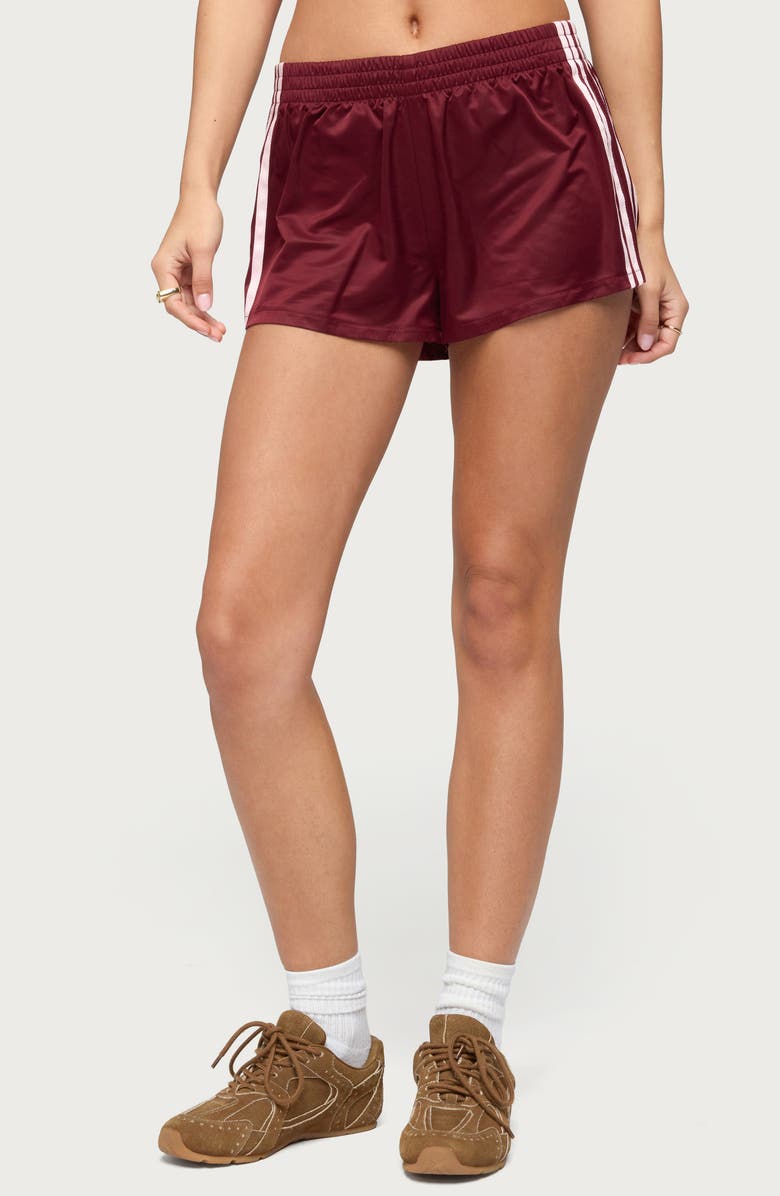 EDIKTED Nikki Side Stripe Shorts, Main, color, Wine