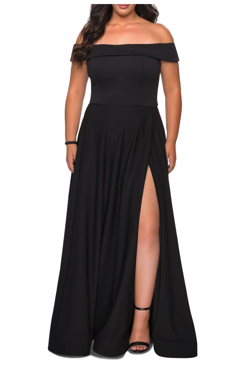 La Femme Off The Shoulder Plus Size Dress with Leg Slit, Main, color, Black