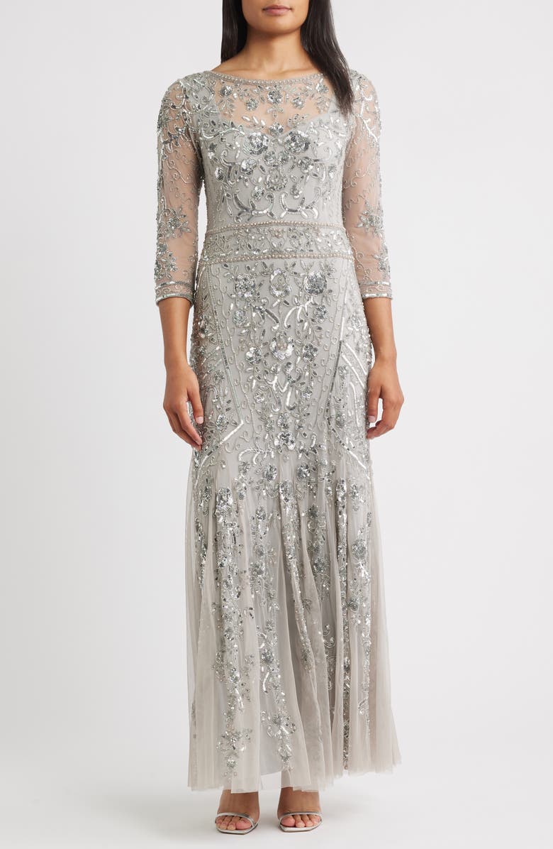 Pisarro Nights Beaded Chiffon Column Gown, Main, color, Silver