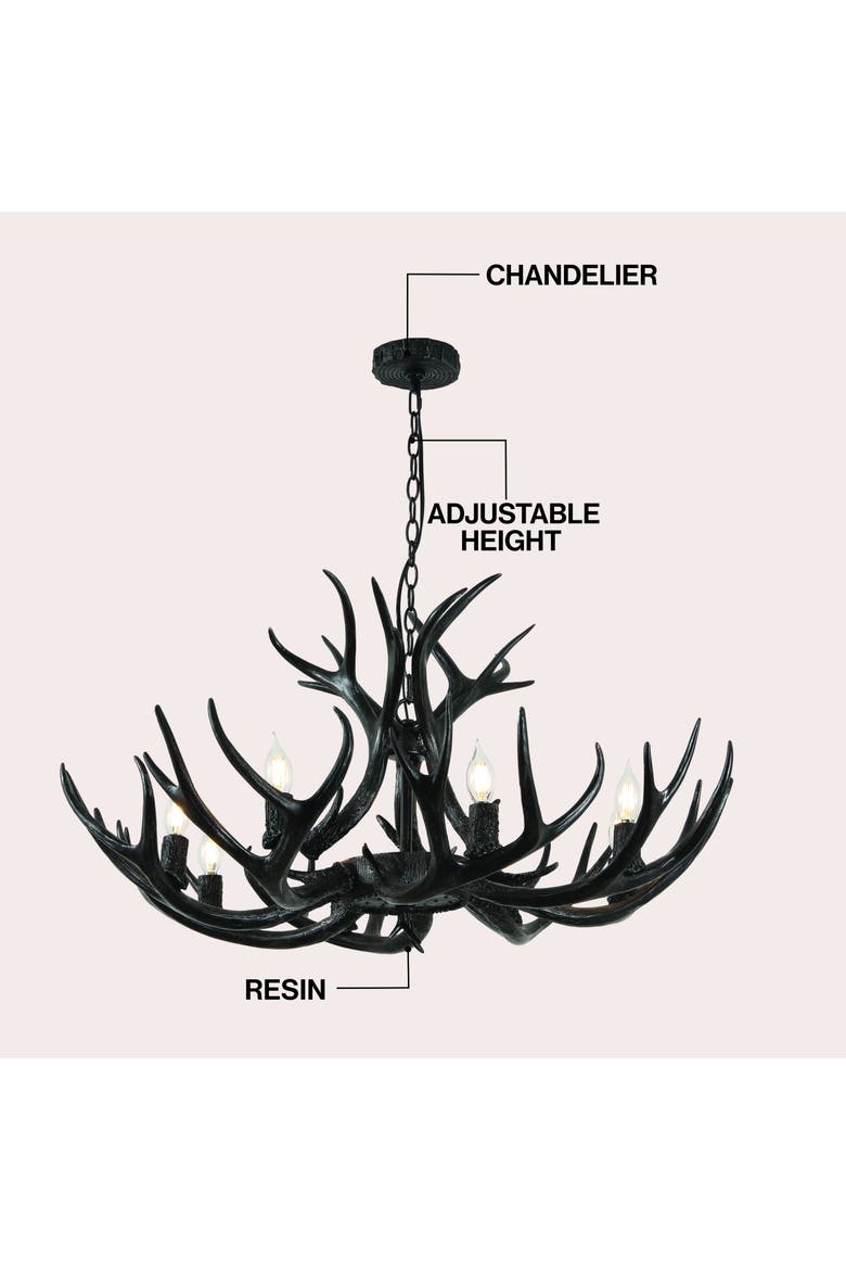 Eldora 36" 8-Light Rustic Farmhouse Adjustable Resin Antler LED Chandelier, Brown, Alternate, color, Black