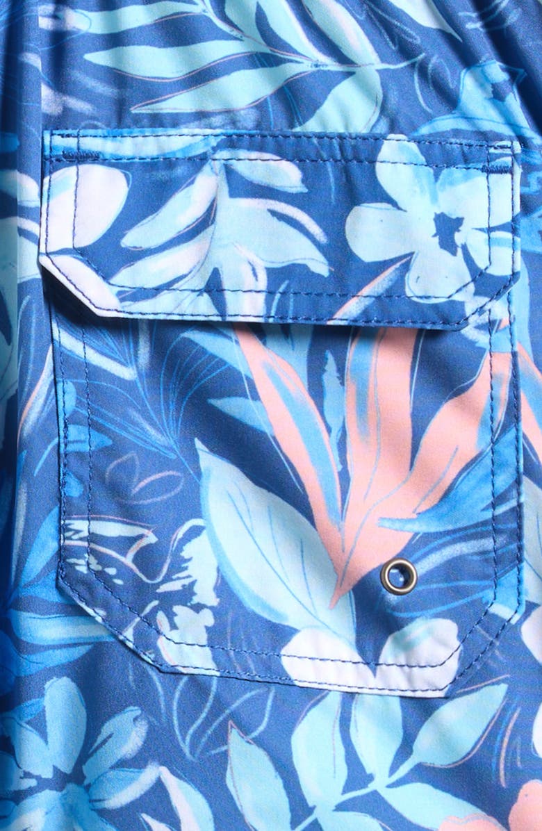 Vintage Summer Kids' Print Stretch Volley Swim Trunks, Alternate, color, Blue