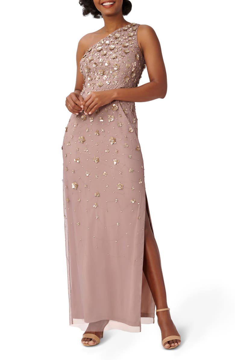 Adrianna Papell 3D Beaded & Sequin One-Shoulder Gown, Main, color,
