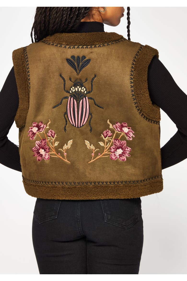 Sylvara Borg Embroidered Bug Gilet, Alternate, color, Brown
