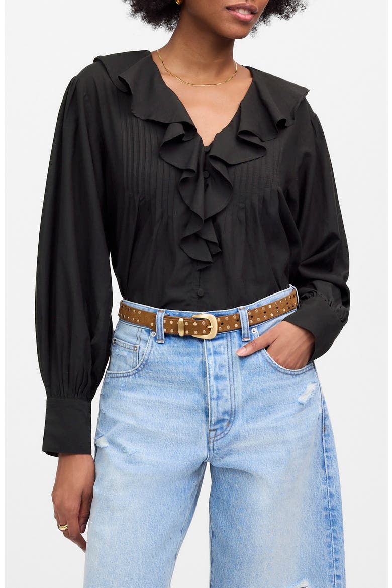 Ruffle Pintuck Long Sleeve Top, Main, color, TRUE BLACK