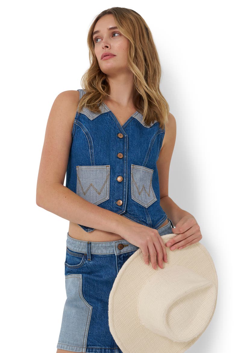 Rodeo Print Two-Tone Denim Vest, Alternate, color, BLUE FEVER