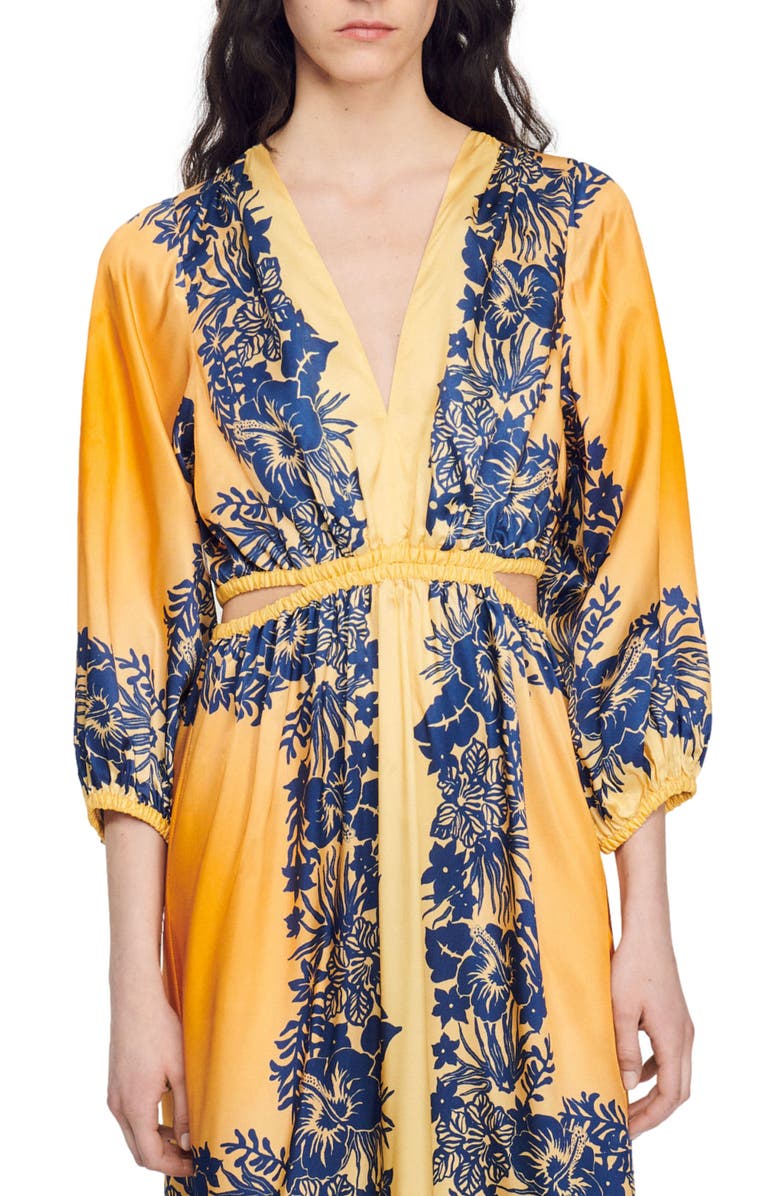 SANDRO Willow Floral Border Print Dress, Alternate, color, Orange