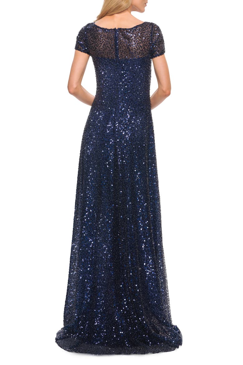Embellished Illusion Mesh Column Gown, Alternate, color, NAVY