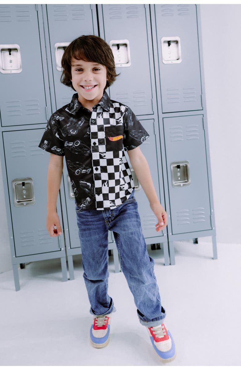 Hot Wheels Boys' Racing Button Down Shirt, Alternate, color, Black Checkerboard
