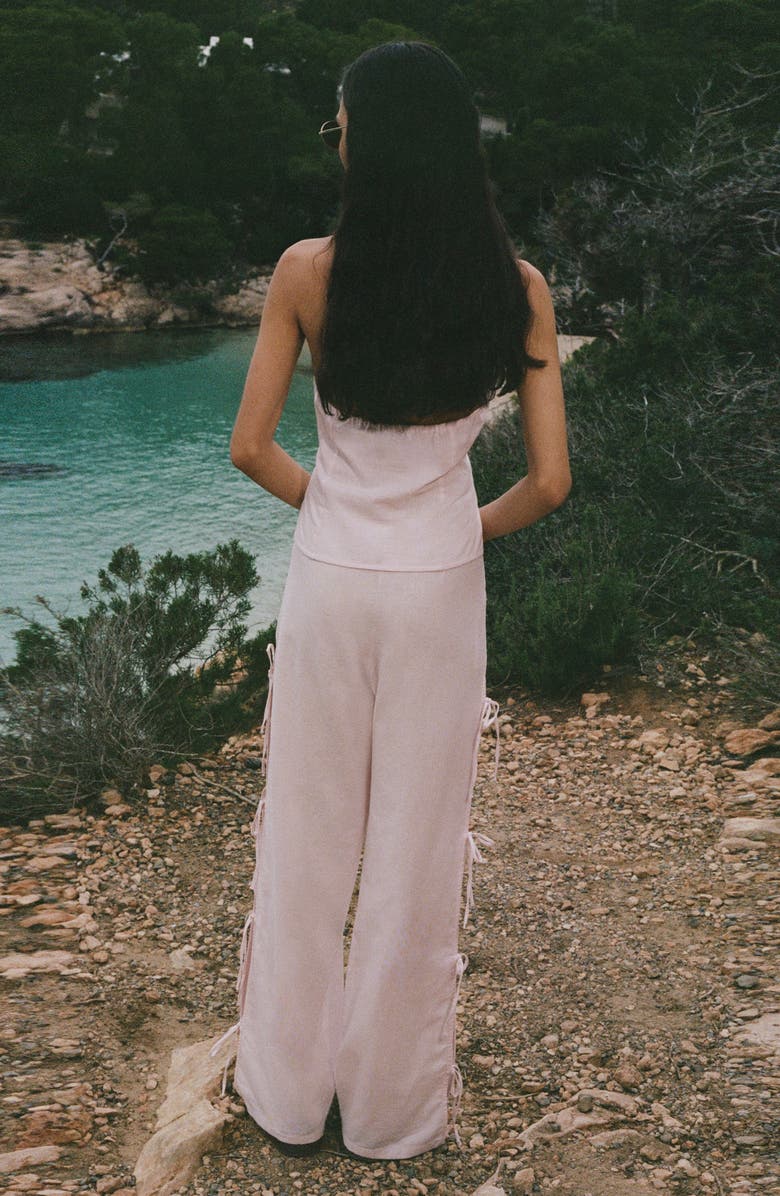 MANGO Side Tie Straight Leg Cotton & Linen Pants, Alternate, color, Pastel Pink