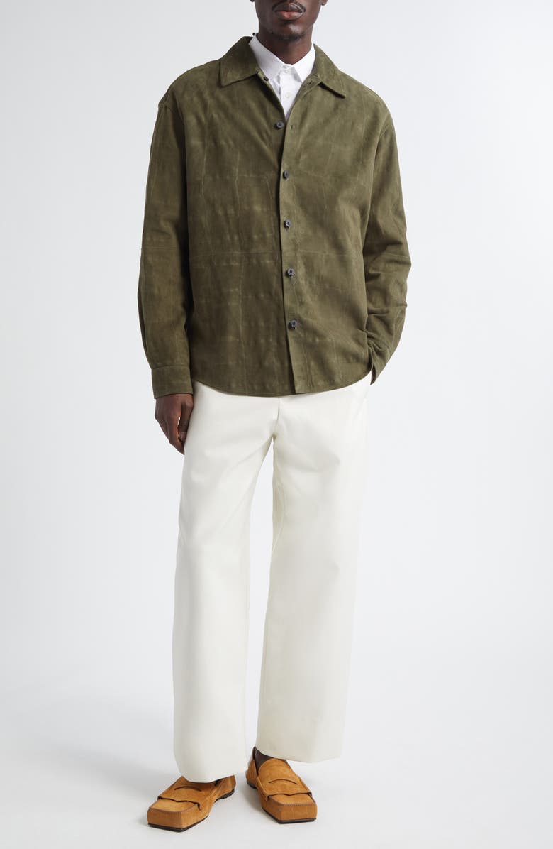 Jacquemus La Chemise Croc Embossed Goatskin Suede Button-Up Shirt, Alternate, color, Khaki