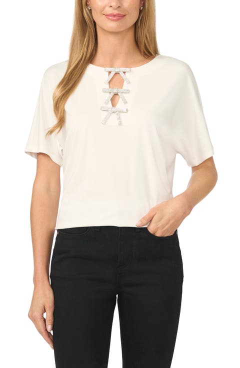 Bow Embellished Split Neck Dolman Sleeve T-Shirt