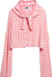 YanYan Gingham Check Wool Cardigan with Removable Hood