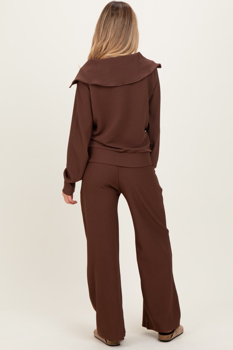 RIbbed Half Zip Pullover Wide Leg Pant Set, Alternate, color, Brown