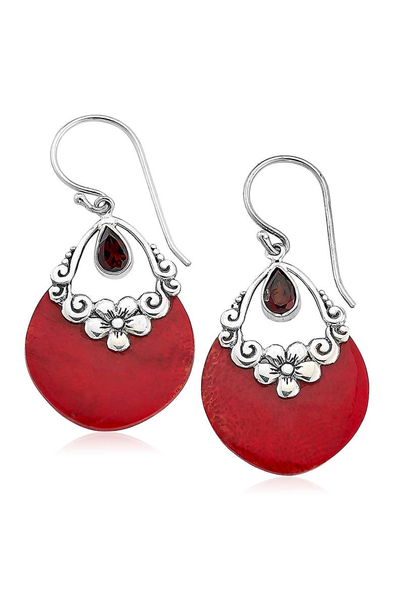 Stainless Steel Coral & Garnet Earrings W/ Floral Design, Main, color, RED