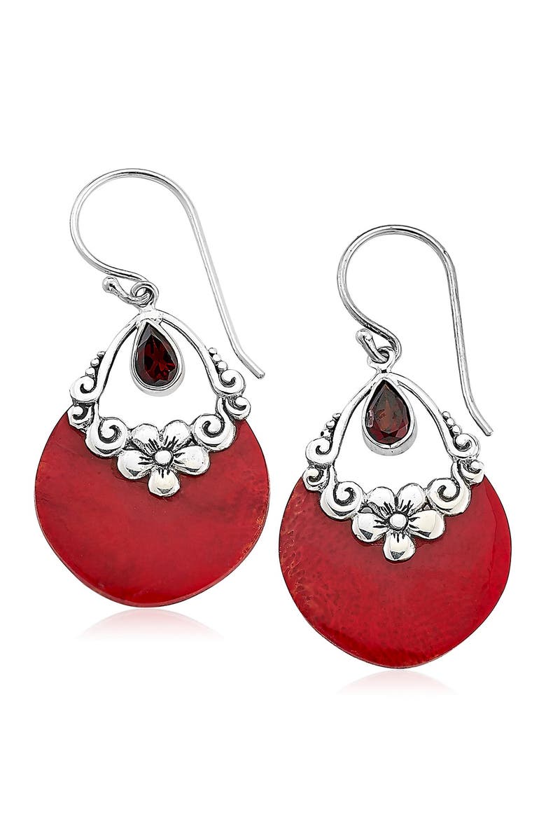 SAMUEL B. Stainless Steel Coral & Garnet Earrings W/ Floral Design, Main, color, 