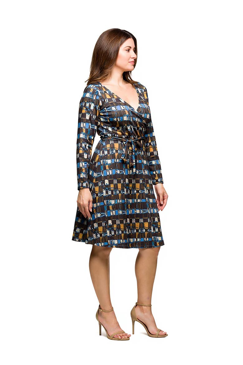Long Sleeve Wrap Dress with Belt, Alternate, color, Brown Multi