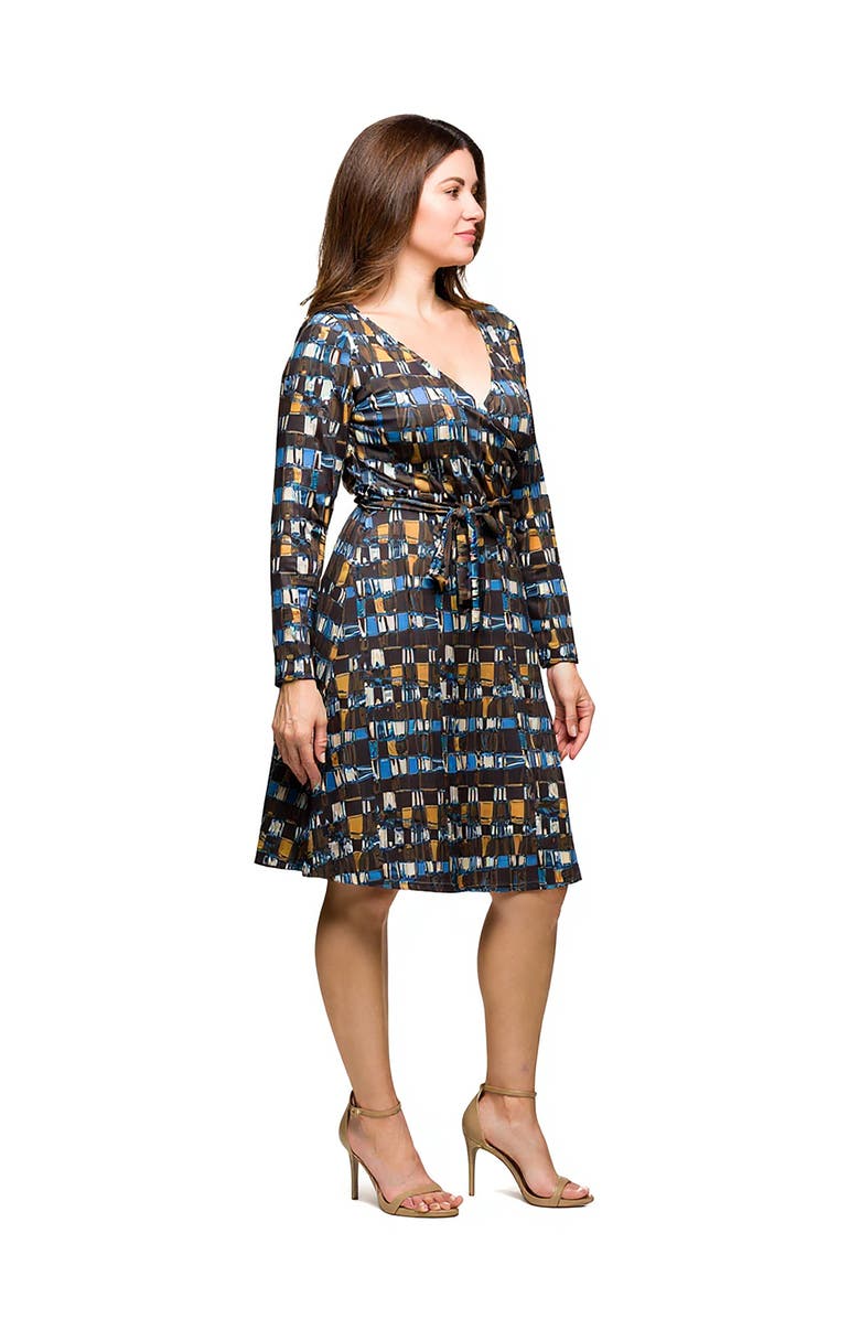 24seven Comfort Apparel Long Sleeve Wrap Dress with Belt, Alternate, color, Brown Multi