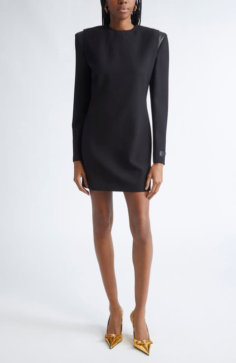 Leather Trim Long Sleeve Wool Grain de Poudre Minidress