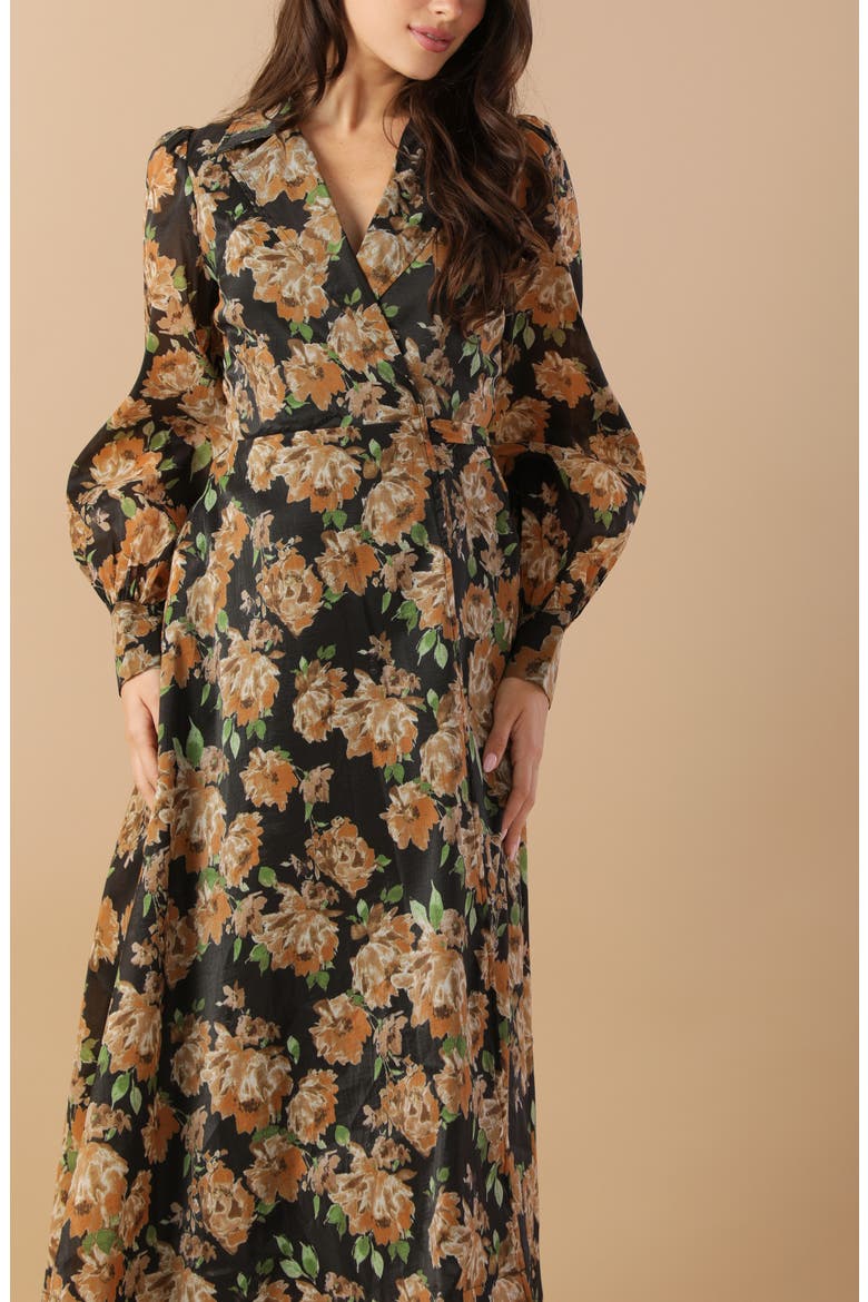 Floral Print Long Sleeve Midi Wrap Dress, Alternate, color, BLACK
