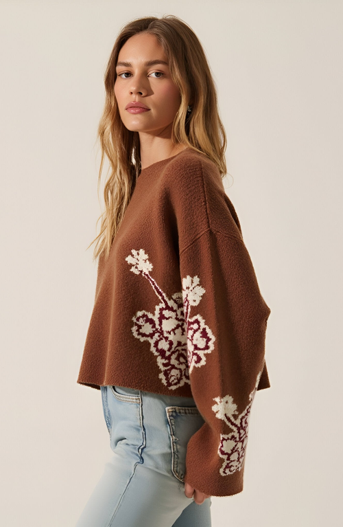 Modenaire Floral Jacquard Knit Sweater With Boat Neckline And Drop Shoulder Wide Sleeves In Brown