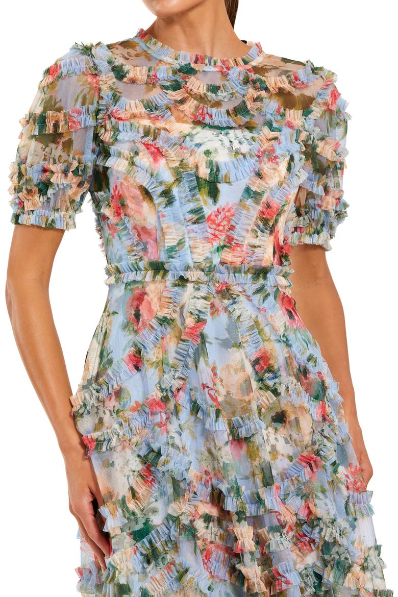 Women's Floral Printed Mesh Ruffle High Neck Midi Dress, Alternate, color, Blue Multi