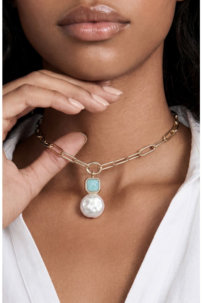 Reconstituted Turquoise and Imitation Pearl Pendant Necklace, Alternate, color, TURQUOISE