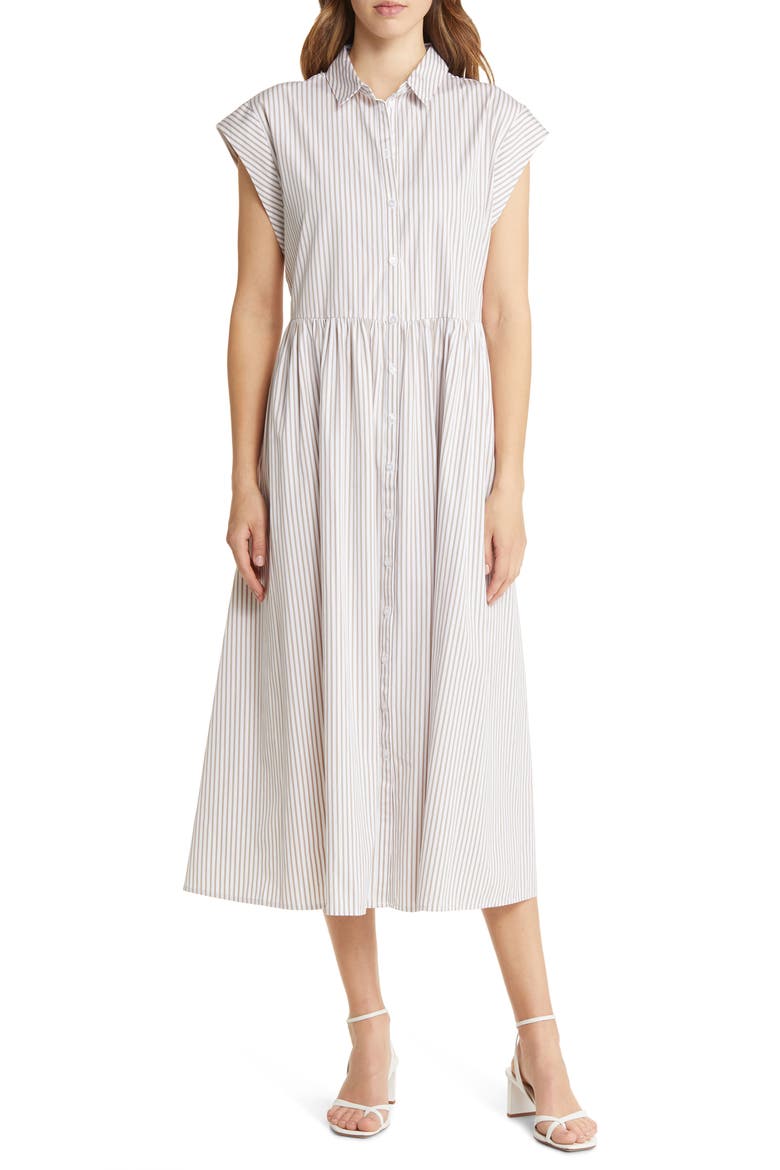 Drop Waist Button Front Cotton Midi Dress, Main, color, WHITE- TAN SAMBA STRIPE