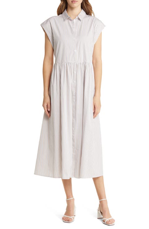 Drop Waist Button Front Cotton Midi Dress
