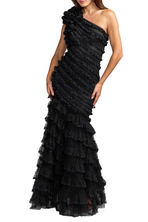 Sleeveless One Shoulder Lace Trim Ruffle Gown