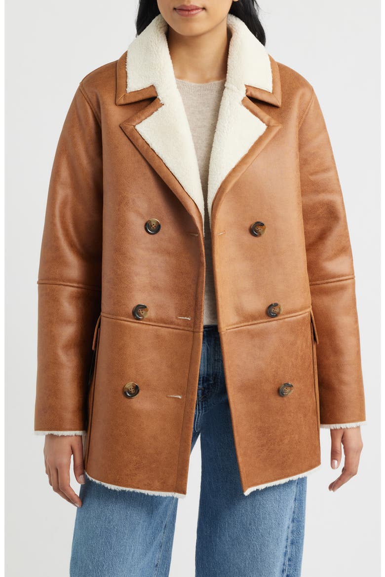Double Breasted Faux Shearling Coat, Alternate, color, COGNAC / WHITE