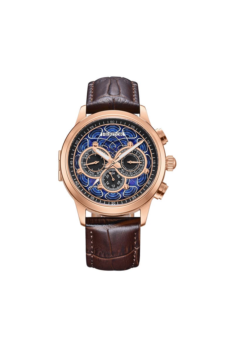 Apostle Leather-Band Watch w/ Day/Date, Main, color, Rose Gold/Brown