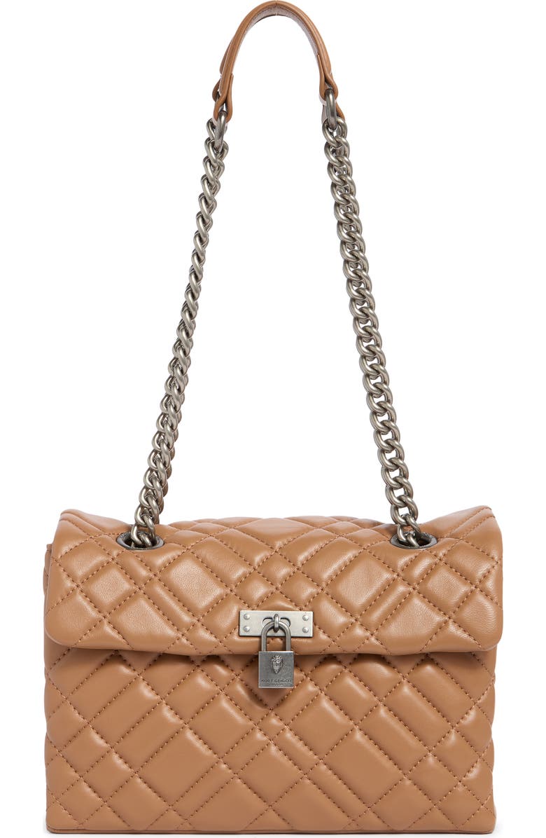 Kurt Geiger Brixton Diamond Quilted Leather Pad Lock Shoulder Bag, Main, color, Light/Pastel Brown