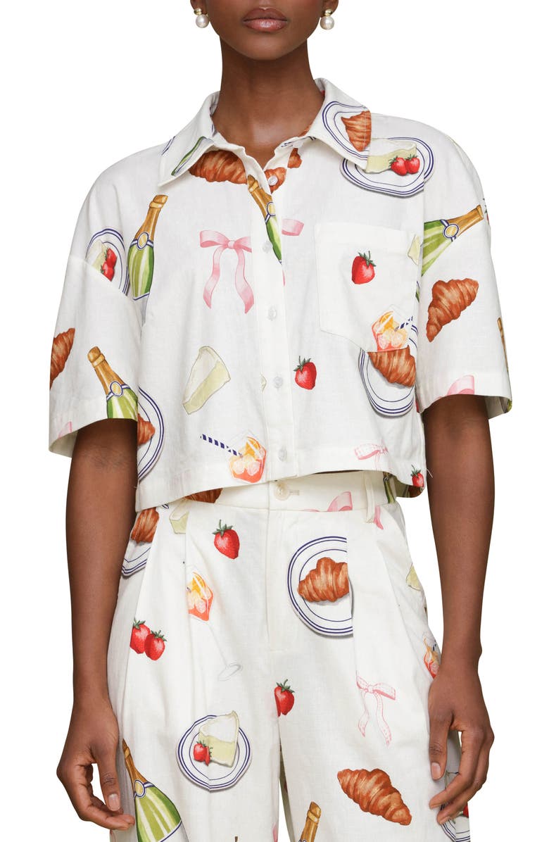 Avec Les Filles Party Print Crop Button-Up Shirt, Main, color, Ivory Tabletop Print