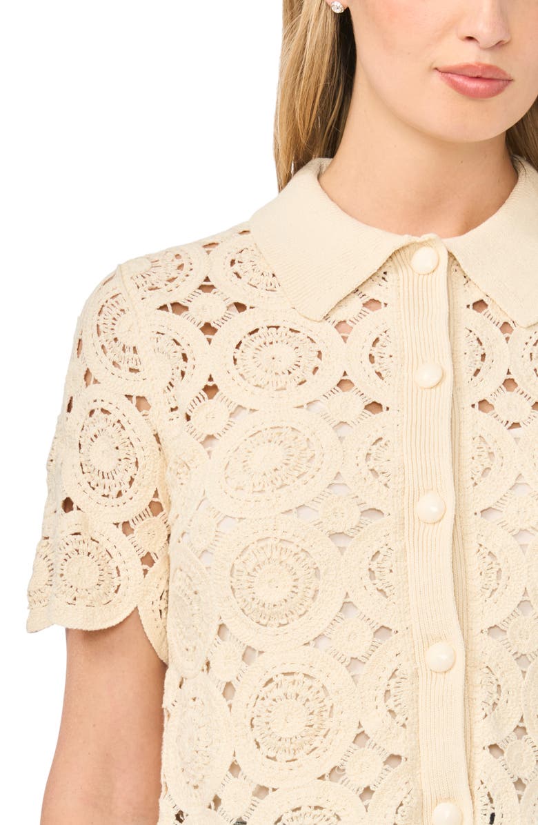 CeCe Crochet Short Sleeve Cardigan, Alternate, color, Sand Drift