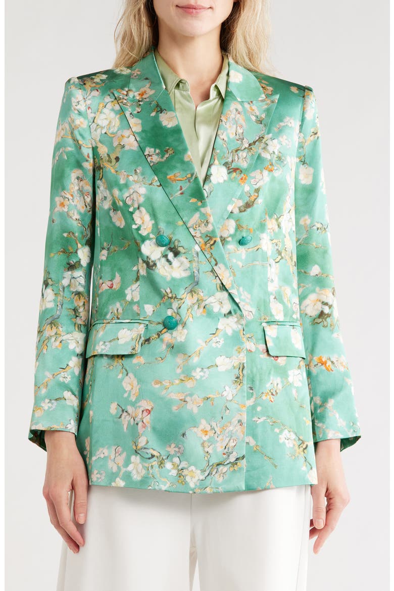 Taryn Floral Double Breasted Silk Blazer, Main, color, TEAL WATERCOLOR CHERRY BLOSSOM