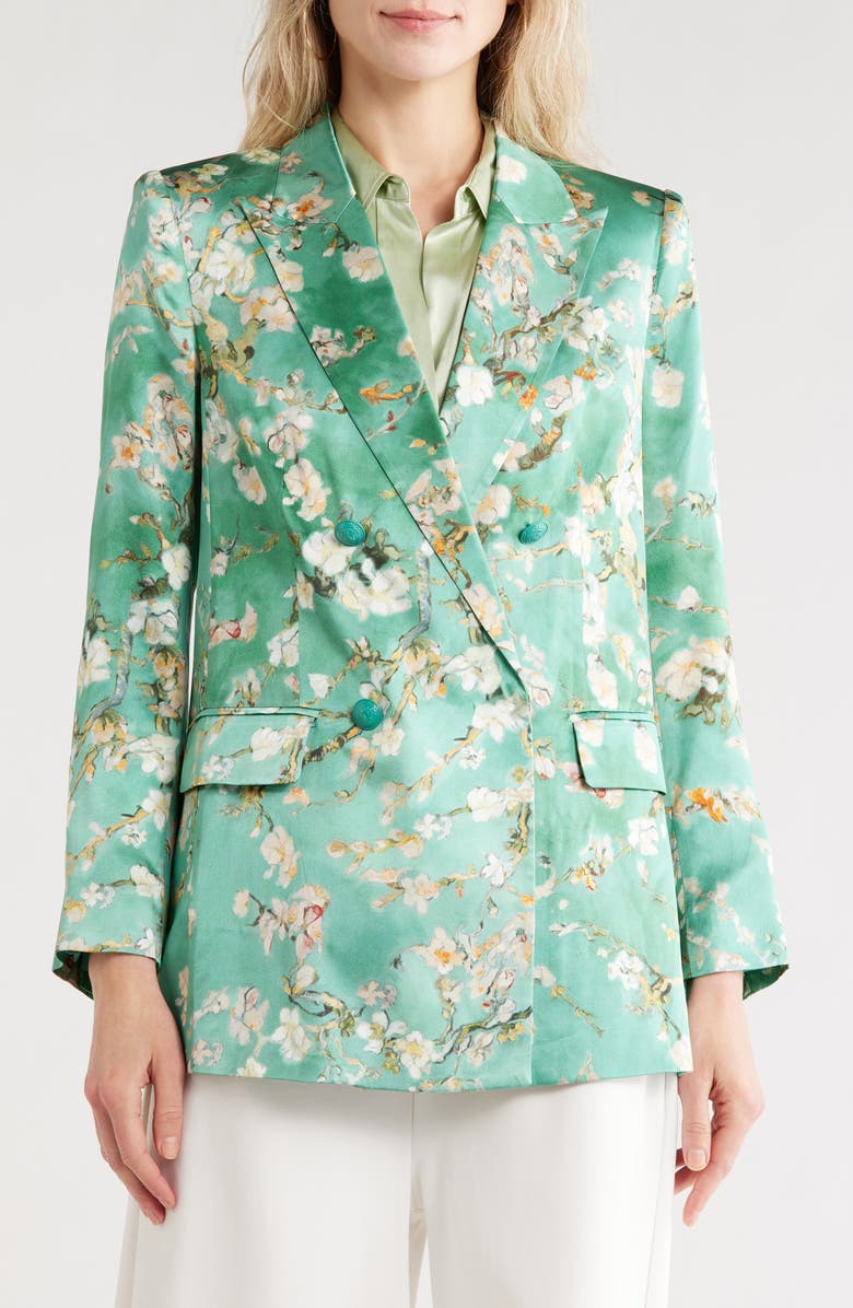 L'AGENCE Taryn Floral Double Breasted Silk Blazer, Main, color, Teal Watercolor Cherry Blossom
