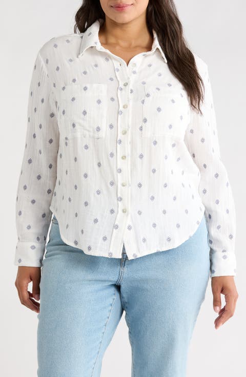Embroidered Cotton Button-Up Shirt (Plus)