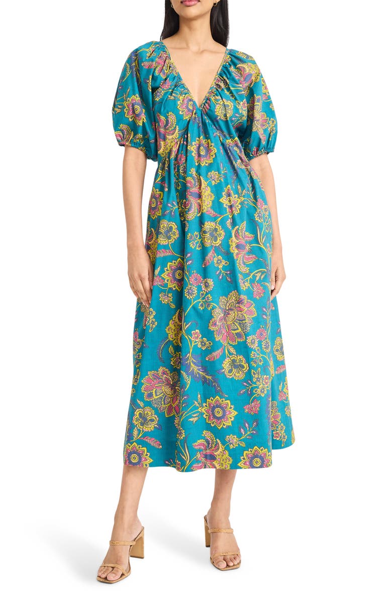 The Good Journey Puff Sleeve Maxi Dress, Main, color, Teal/ Fuchsia