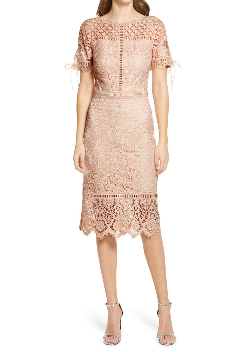 Tie Sleeve Lace Cocktail Dress, Main, color, PRIMROSE