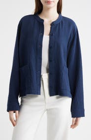 Eileen Fisher Mandarin Textured Stretch Organic Cotton Shirt Jacket